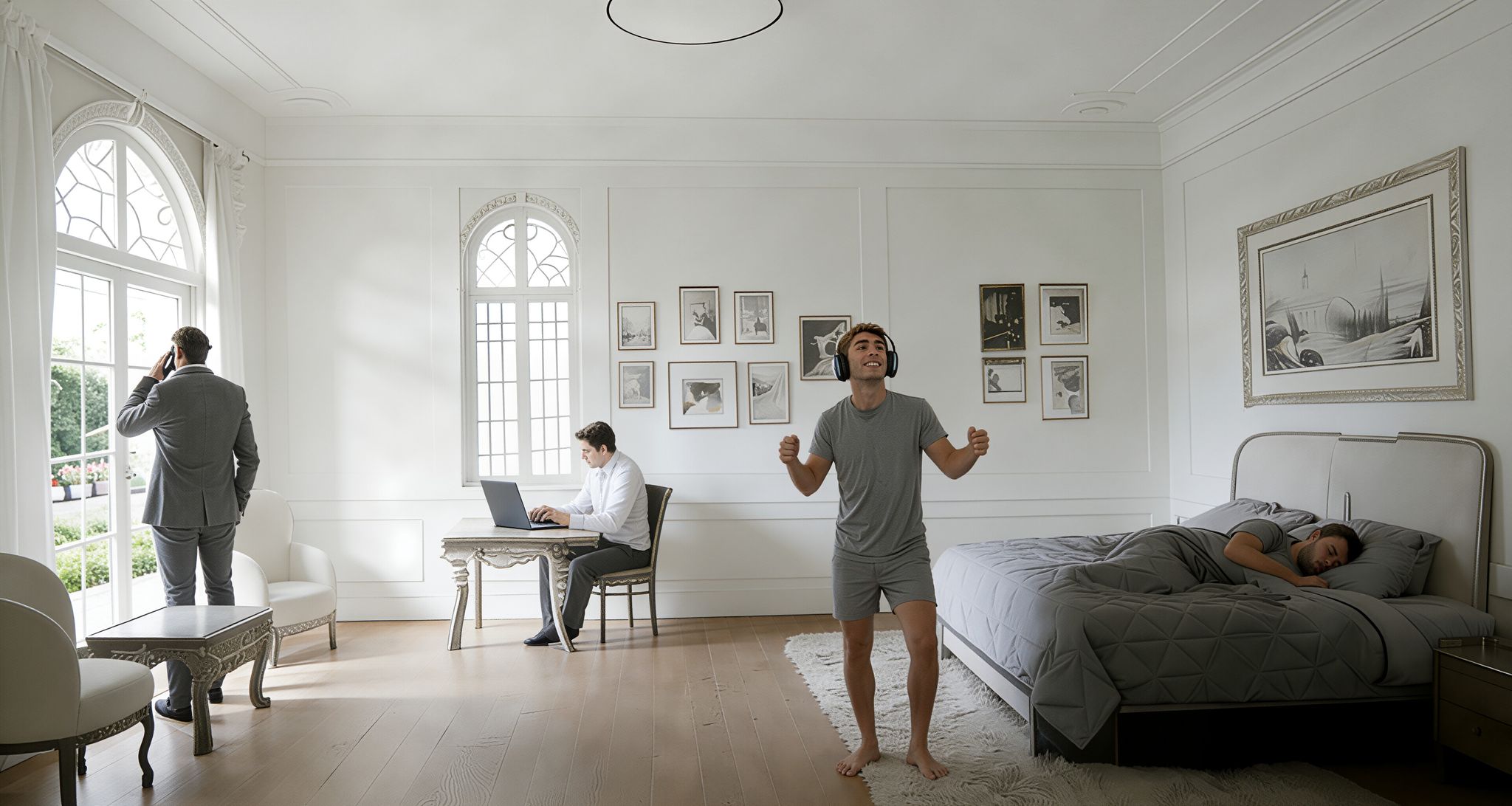 Four scenarios at home showing automatic lighting transition from Day bright blue-rich light to Night Mode zero blue light amber glow