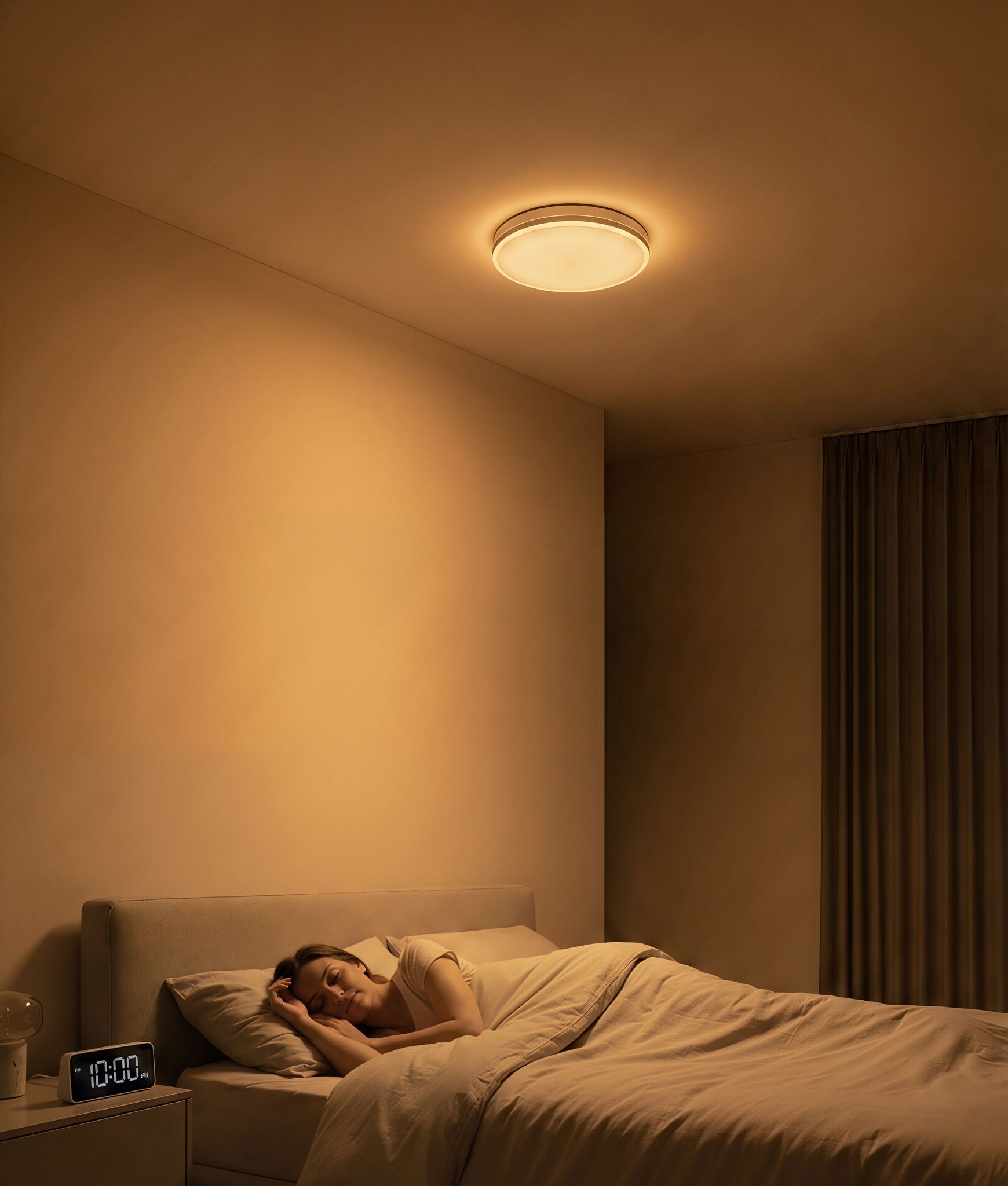 Person relaxing peacefully in bedroom with soft amber glow from RESTAZ ceiling light